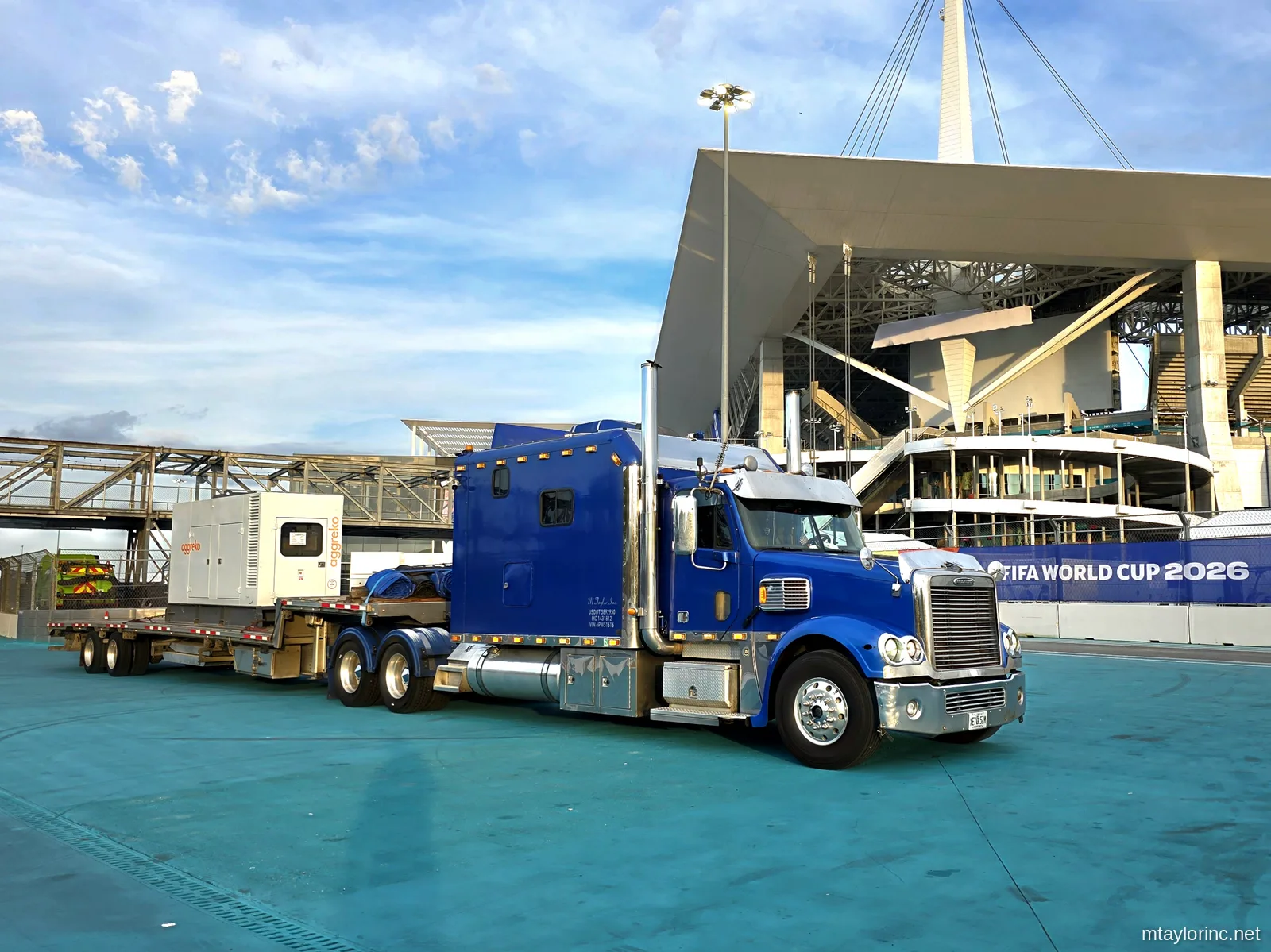 Generator delivery for the FIFA World Cup 2026 at Hard Rock Stadium in Miami-Dade, hauled down from Nashville by M Taylor Inc