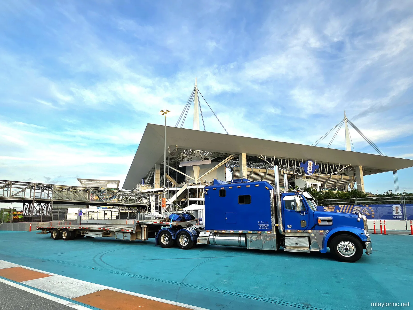 M Taylor Inc stepdeck on site at Hard Rock Stadium in Miami-Dade after the World Cup generator delivery